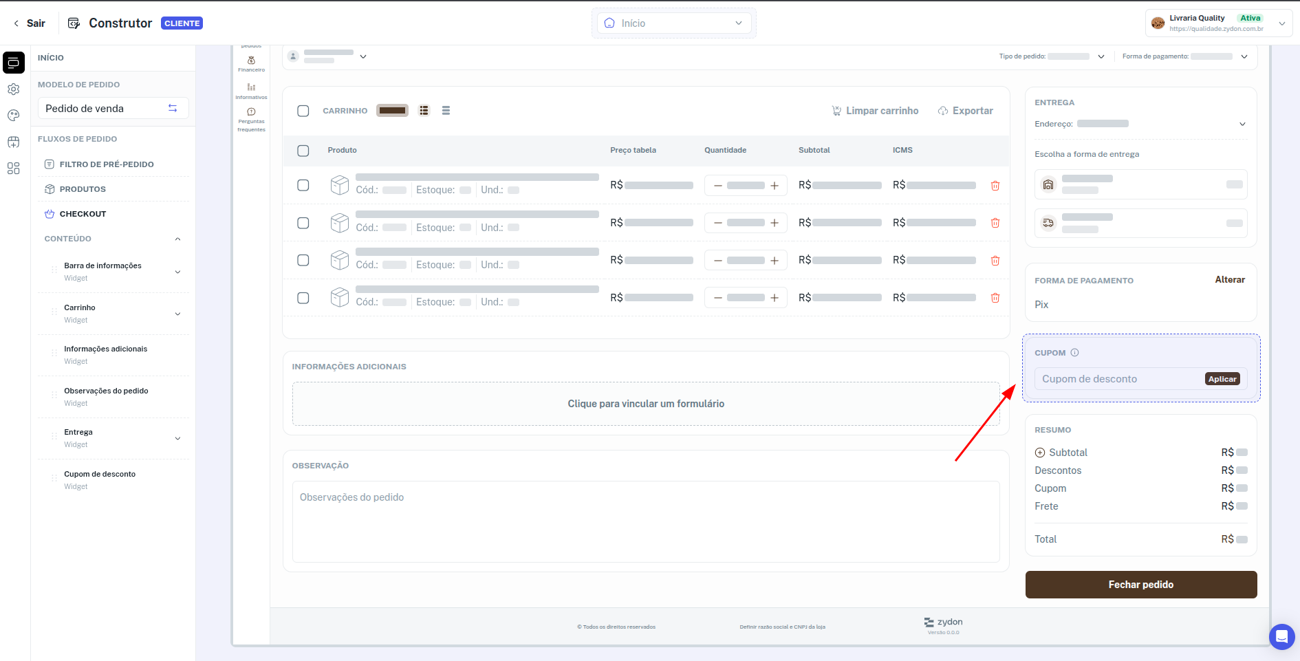 Configuração de cupom