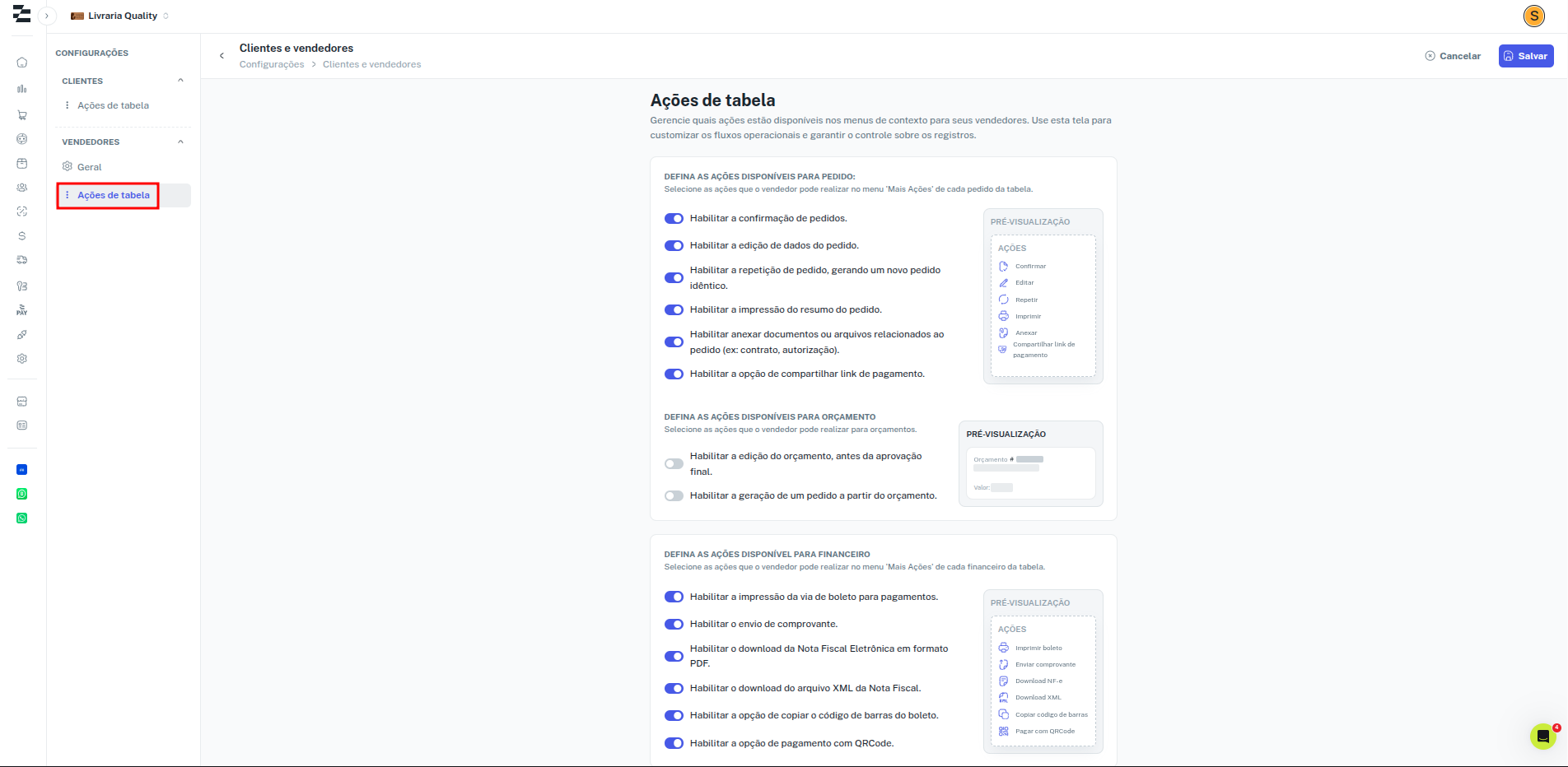 Configurações de ações de tabela para vendedores