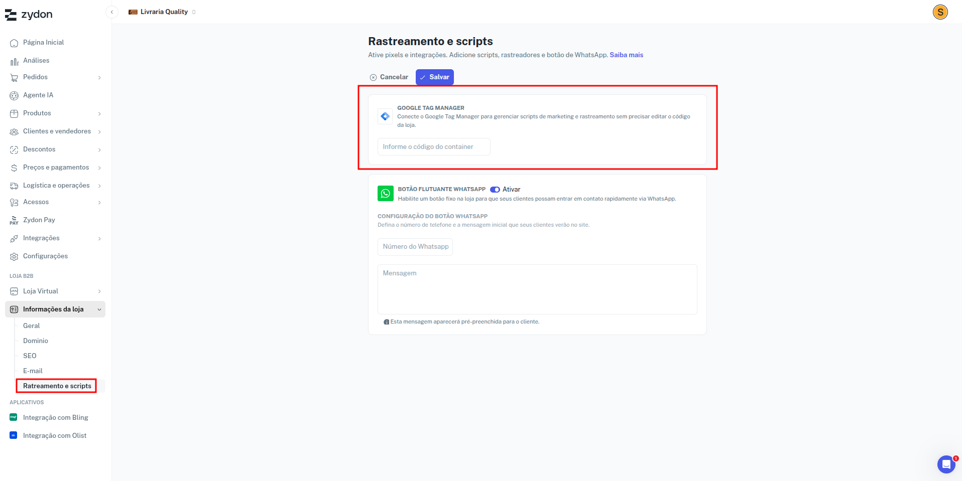 Configuração GTM no Zydon