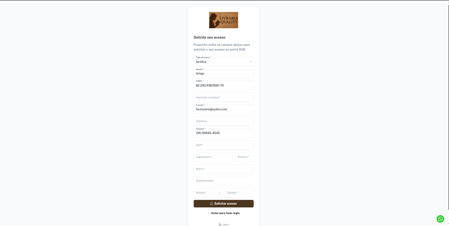 Formulário exibido ao cliente