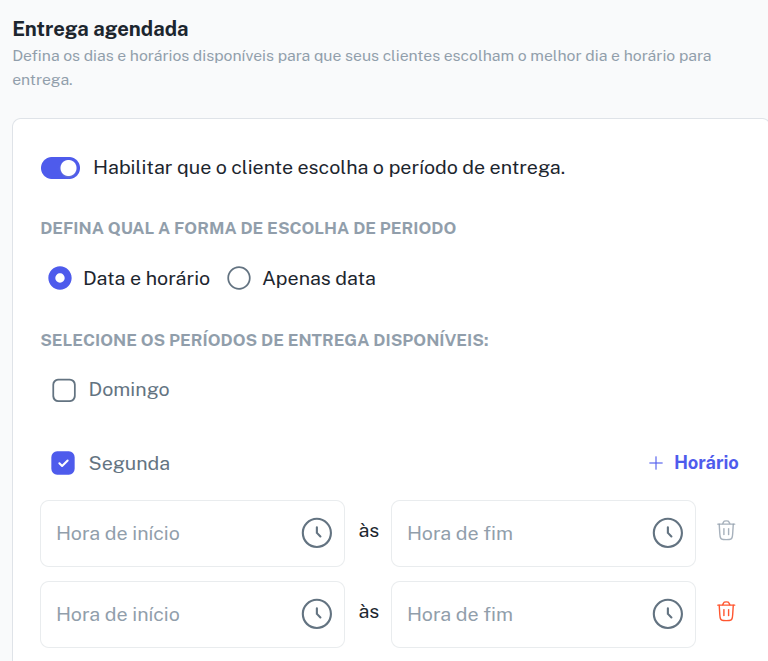 Configuração de horários de retirada manual