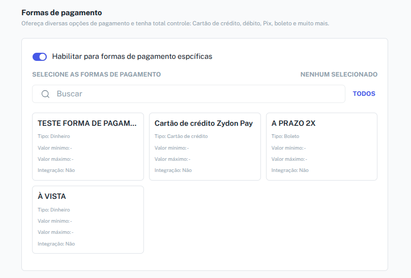 Configuração de desconto por forma de pagamento