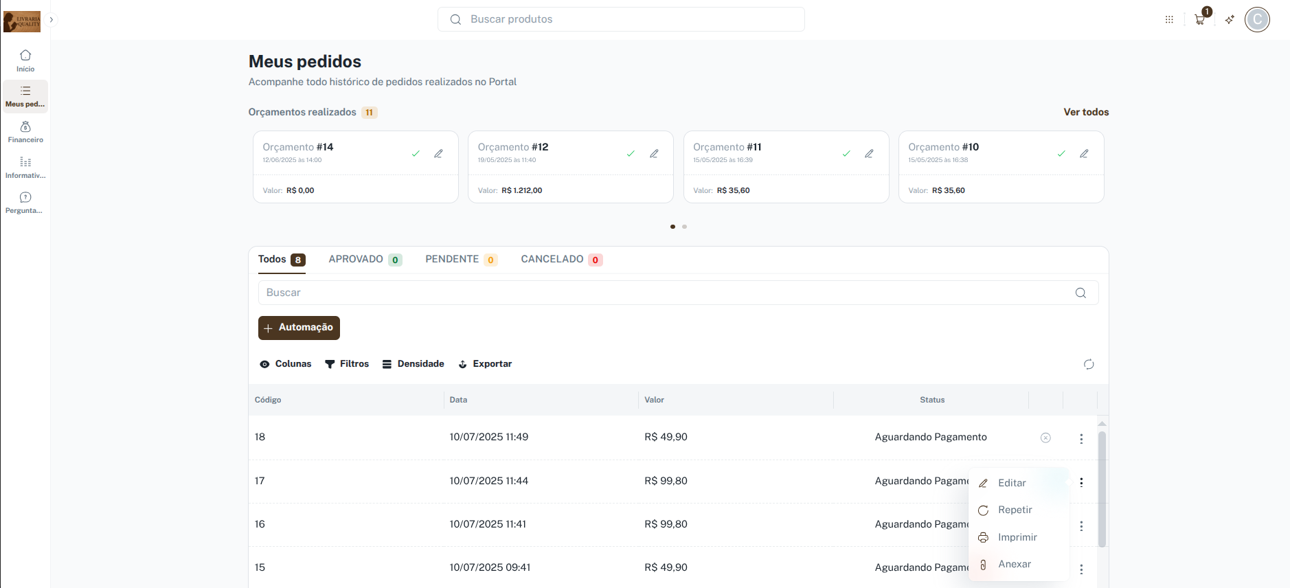 Lista de pedidos no portal