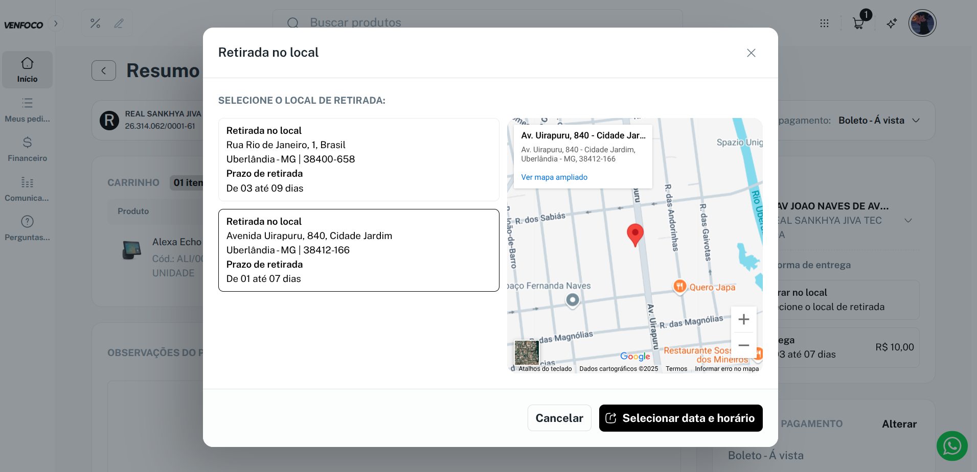 Visualização retira no local no portal
