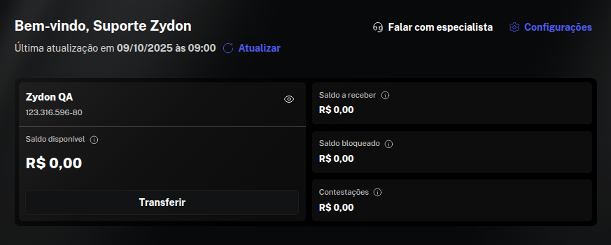 Painel inicial Zydon Pay
